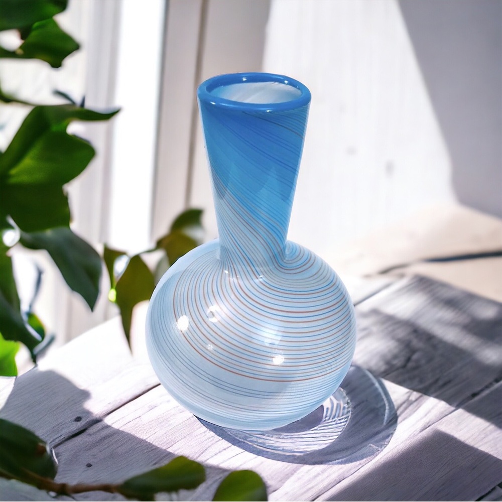 Dansk International Vintage 1970s Mezza Filigrana Swirl Opaline Blue Glass Vase
